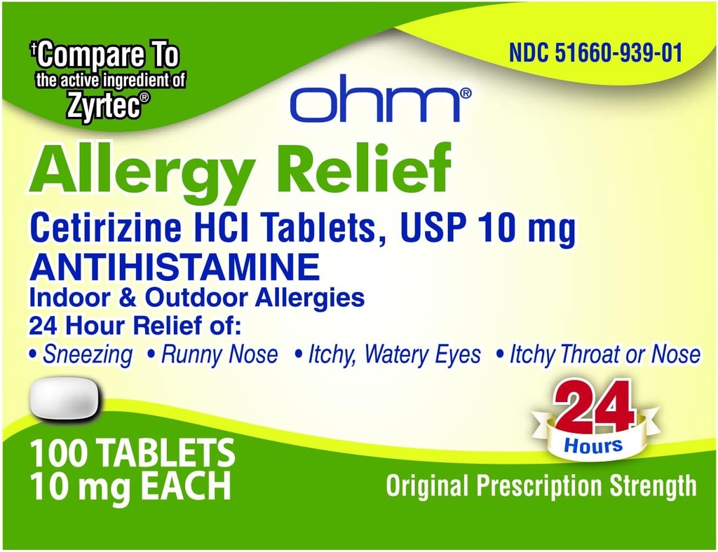 Ohm Setiritsiini 10 mg tabletti - Allergy Relief - 100 Count - Anti-Histamine Hay Fever, Pollen, kuiva kutiava silmät - tehokas helpotus All Day Allergies