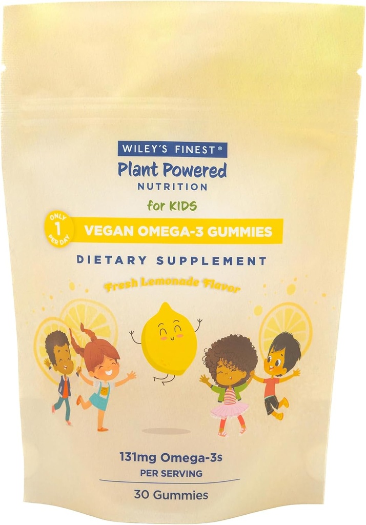 Wiley's Finest Kids Vegan Omega-3 Gummies - Natural Sugar - Kasvissyöjä DHA, ALA & SDA - Gluteeniton - Sitruunamaku, 30 Gummies