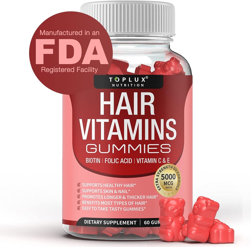 Hår Vitamin Gummies Supplement för kvinnor och män - Hårtillväxt Vitaminer 5000mcg Biotin Gummies, Folic Acid, Vitamin C & E, Stöd Stronger & Thicker Hair, Hud, Nails, Non-GMO Vegam för, 60 Count