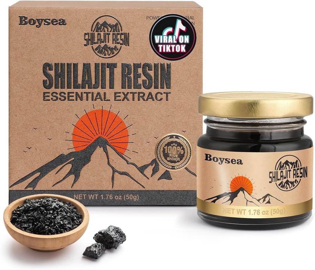 Boysea Shilajit Resin | 600 mg 80 + Servings | 85 + Trace Minerals & 75% + Fulvic Acid för Focus & Energy | Zero Sugar | Gold Grade Pure Shilajit för Män & Kvinnor - 1,76 Oz