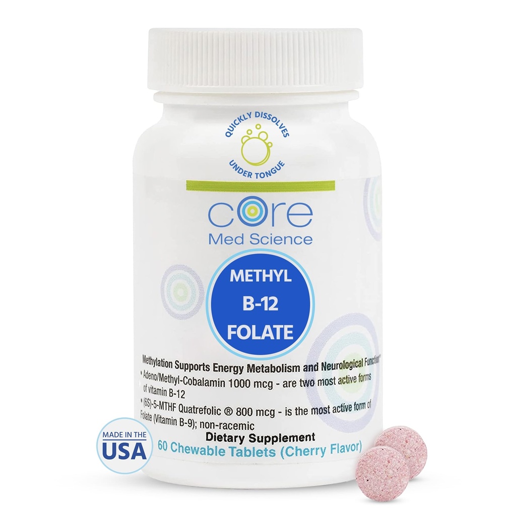 Core Med Science Metyyli B12 Folaatti täydentää naisten ja miesten - 5-MTHF pillereitä tukea mood, kognitiivinen, & Heart Health - Methylfolate B9-vitamiinin homokysteiinitasot & Methylation Cycle (60 Count)