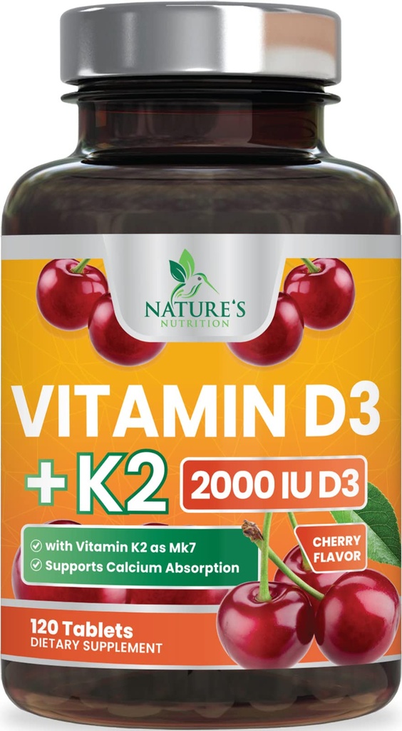 Vitamin D3 K2 2000 IU Plus med K2 (MK-7) 75 mcg - Vitaminer D & K Complex Supplement för ben, tänder, muskel, kalciumabsorption, stöder immun och hjärthälsa, icke-GMO Chewable Formel - 120 tabletter