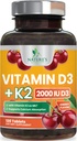 D3 K2 2000 IU Plus K2 (MK-7) 75 mikrog - D & K Complex Supplement Bone, Hampaat, Lihas, Kalsiumia Imeytyminen, tukee Immuuni- ja sydänterveyttä, ei-GMO pureskeltava Formula - 120 tablettia