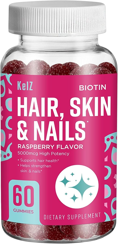 KelZ Biotin hiukset, iho & kynnet täydentää Gummies, Vadelma maku, 60 luku (Pakki 1)