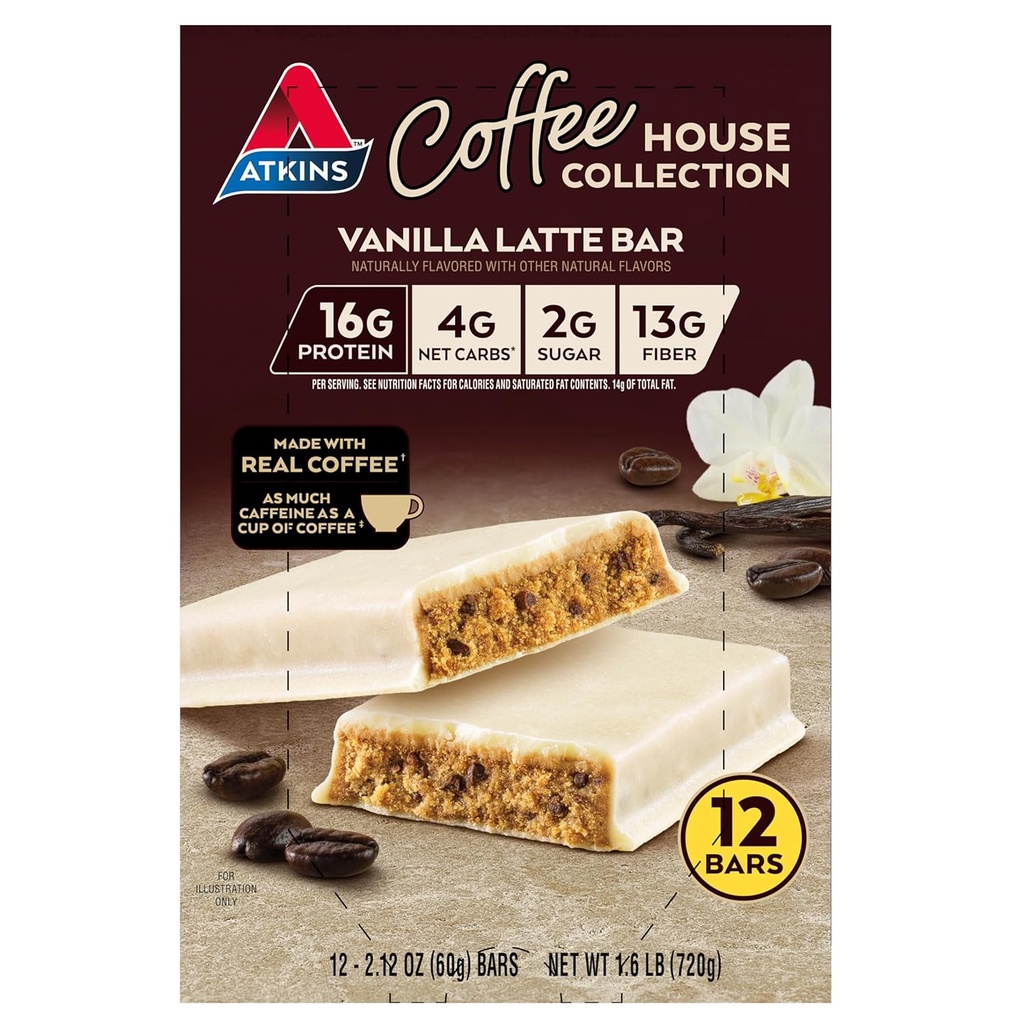 Atkins Coffee House Collection Vanilla Latte Bar, 16g proteiinia, 2g sokeria, 4g Net Carbs, 13g kuitua, 12 kreivi