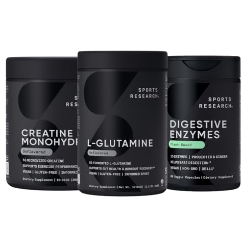 Sports Research L-glutamine (100 Servings), Creatiini Monohydraatti (60 Servings) ja Dgestive Enzymes Probiootit & Inkivääri (90 Servings) - Kaikki ei-GMO:n Varmennetut, Vegan & Gluteenittomat
