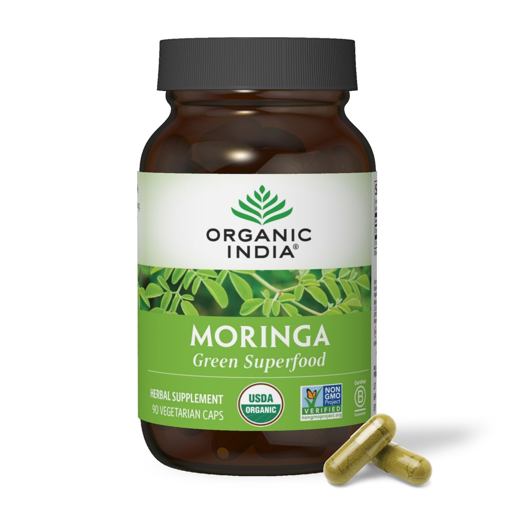 Organic INDIA Moringa kapselit Organic - Moringa täydennysosa - vihreä Superfood, Moringa Leaf kapselit, puhdas Supergreen, vegaaninen vihreät, luonnon monivitamiini, vegaaninen, gluteeniton - 90 kapselia