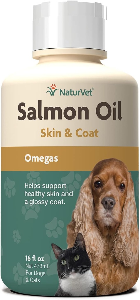 NaturVet Salmon Oil Skin Supplement för hundar och katter - Inkluderar Omega-3, 6 fettsyror - För Hälsosam hud, glansiga Coats - Dog Coat Supplement, Cat Skin Supplement - 16 Oz.