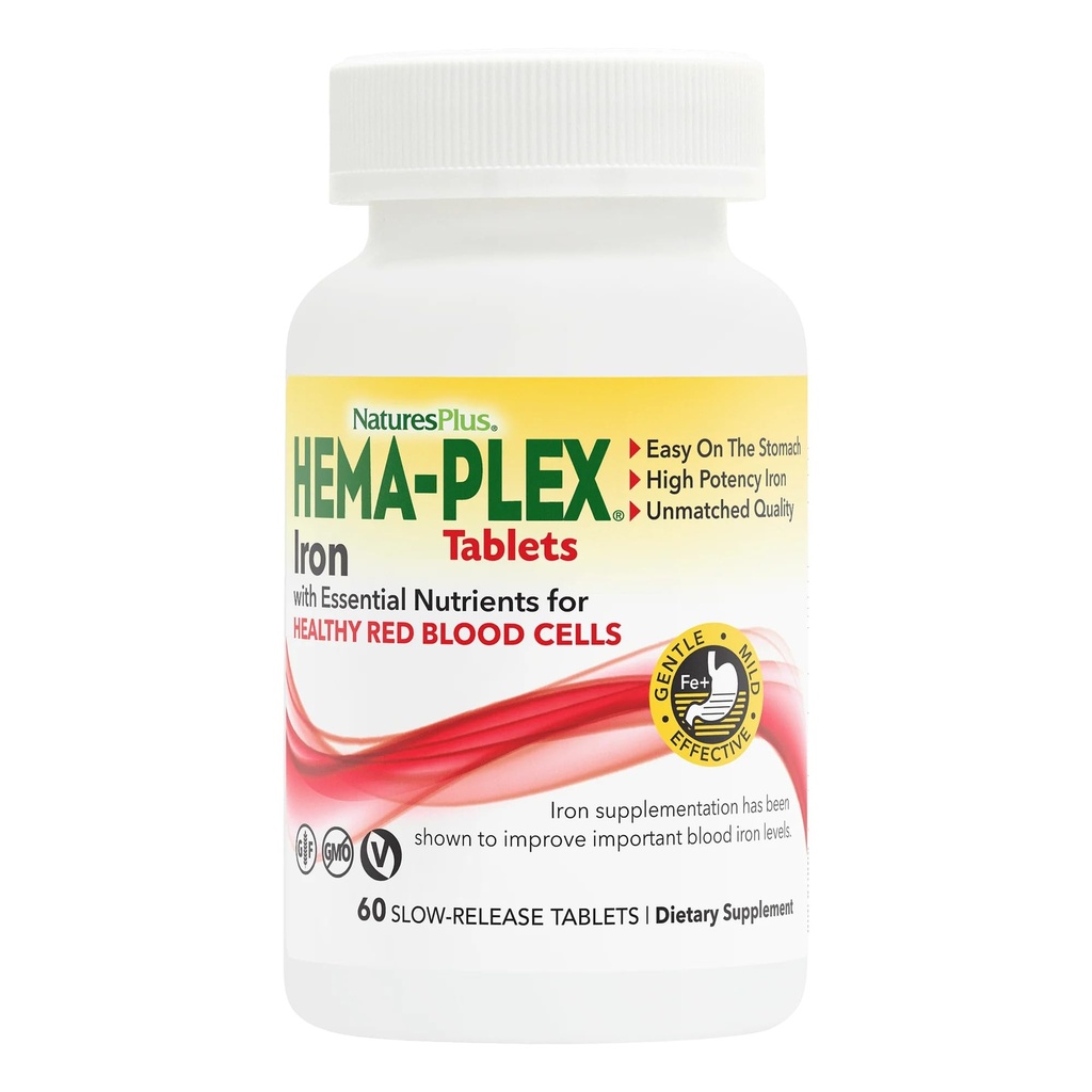 NaturesPlus Hema-Plex Iron - 60 tabletter - 85 mg Elemental Iron + Vitamin C & Bioflavonoider för friska röda blodceller - Vegan, Glutenfri - 30 portioner
