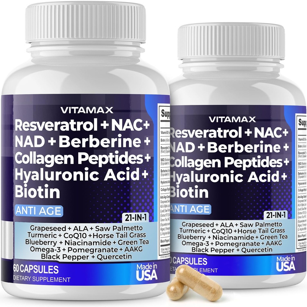 Vitamax Resveratrol NAD + Berberine Hyaluronic Acid - Biotin Grape & Blueberry + NAC - Collagen Peptides - Hår, Nail, Skin & Joint Supplement - 21-i-1 Kvinnor och Män - Made in USA - 120 Count