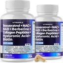 Vitamax Resveratrol NAD + Berberine Hyaluronic Acid - Biotin Grape & Blueberry + NAC - Collagen Peptides - Hår, Nail, Skin & Joint Supplement - 21-i-1 Kvinnor och Män - Made in USA - 120 Count