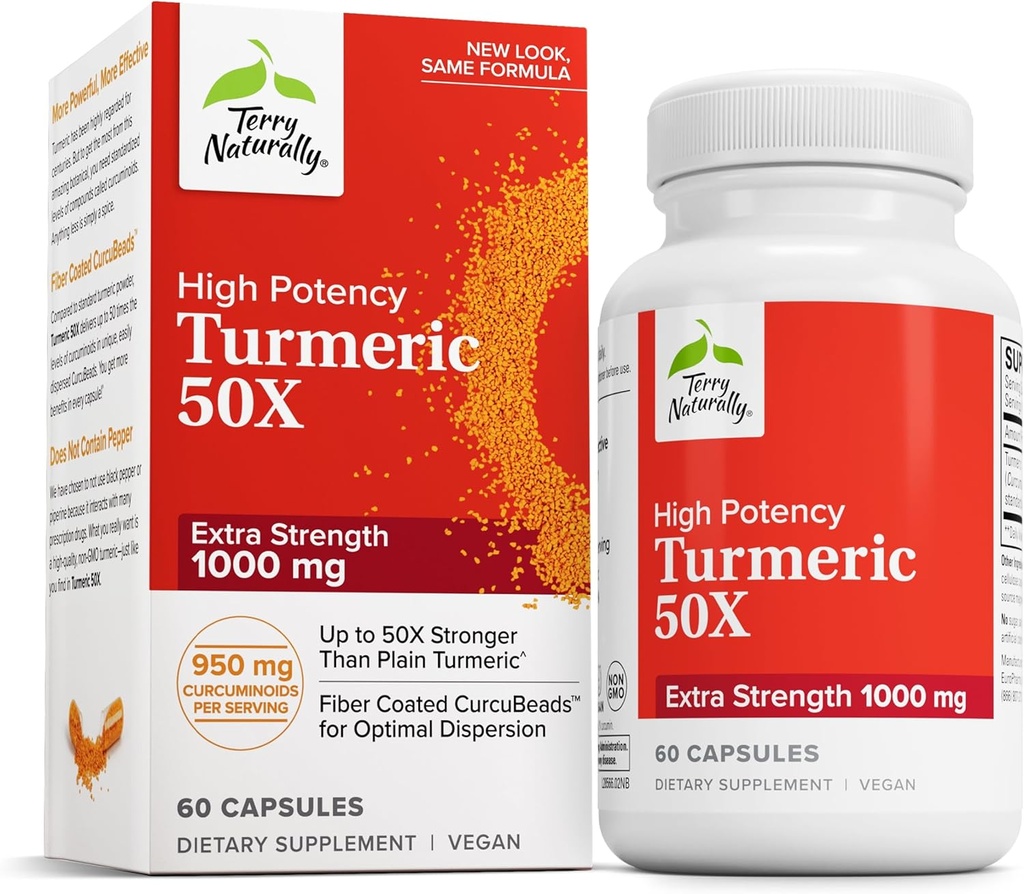 Terry Luonnollisesti Turmeric 50X - Ravintolisä aivojen ja sydämen terveystuki - Extra Strength Turmeric Aid Immuuniterveys - ei-GMO-liite - 60 kapselia