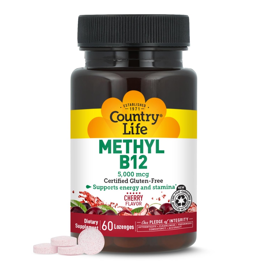 Maa Life Metyyli B12, tukee energiaa ja kestävyyttä, 5 000 mcg, 60 Lozenges, Certified Gluten Free, Certified Vegan, Certified ei-GMO
