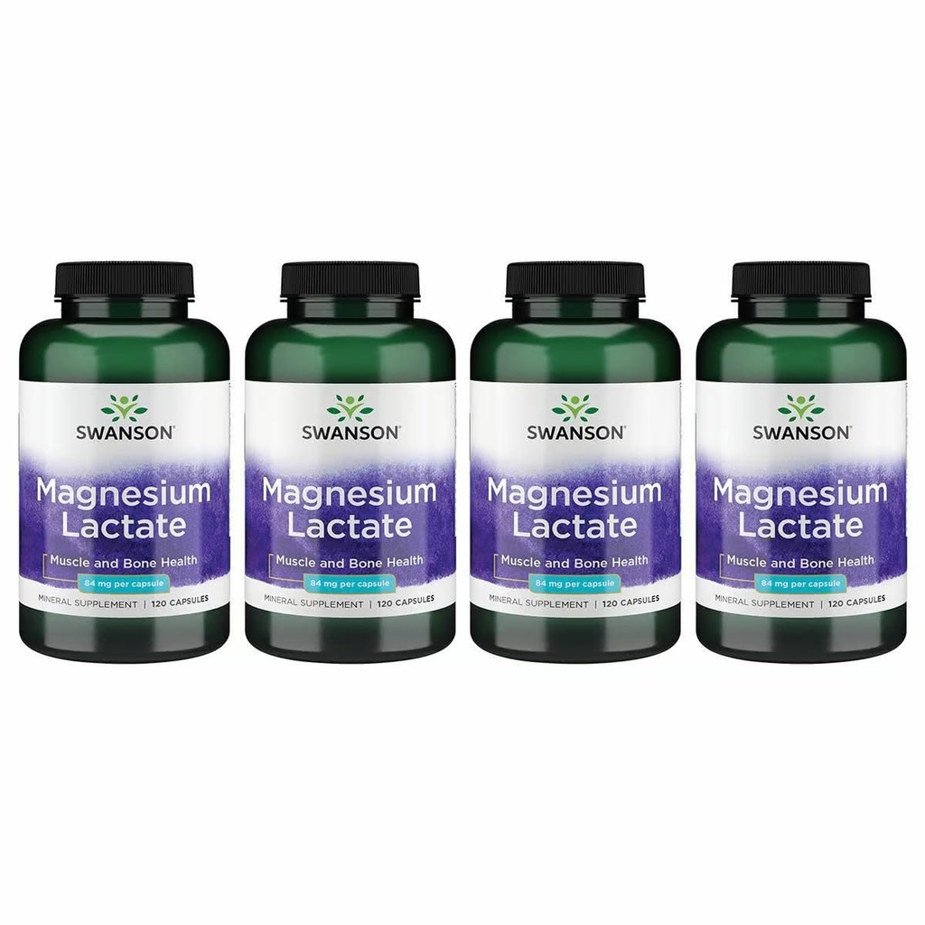 Swanson Magnesiumlaktaatti - Mineraali Supplement Edistävät lihasten ja luun terveyttä Tuki - Laktoositon laktaatti Mineraalilomake hellää imeytymistä varten - (120 kapselia, 84 mg Each) 4 pakkaus