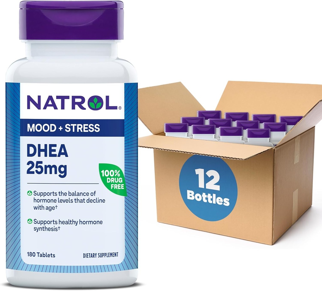 Natrol Mood & Stressi DHEA 25mg kalsiumia, ruokavalio täydentää tasapainoa tiettyjen hormonien ja mielialan tukea, 180 tablettia, 180 päivän tarjonta (paketti 12)