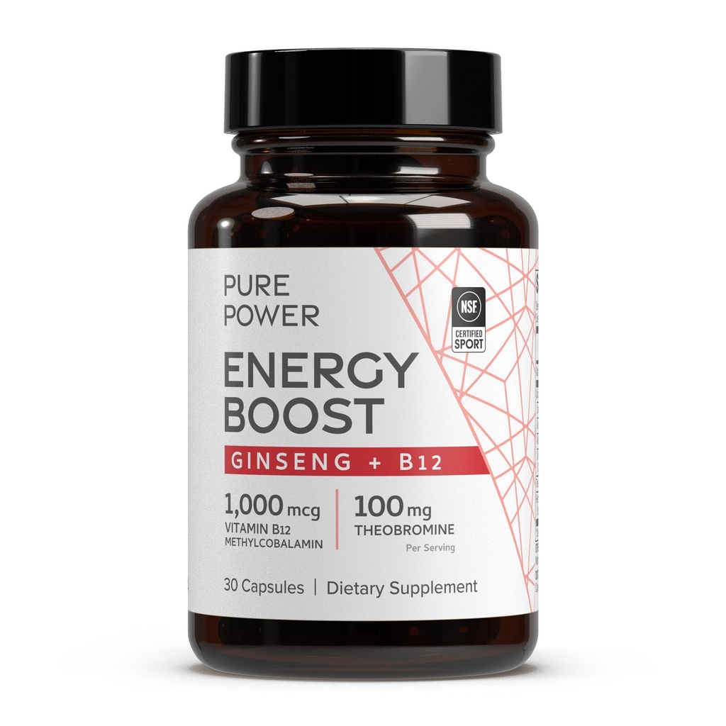 Dr. Mercola Pure Power Energy Boost, 30 Servings (30 kapselia), Ginseng + B12, Ravintolisä, Tehostaa fyysistä ja henkistä energiaa, ei-GMO