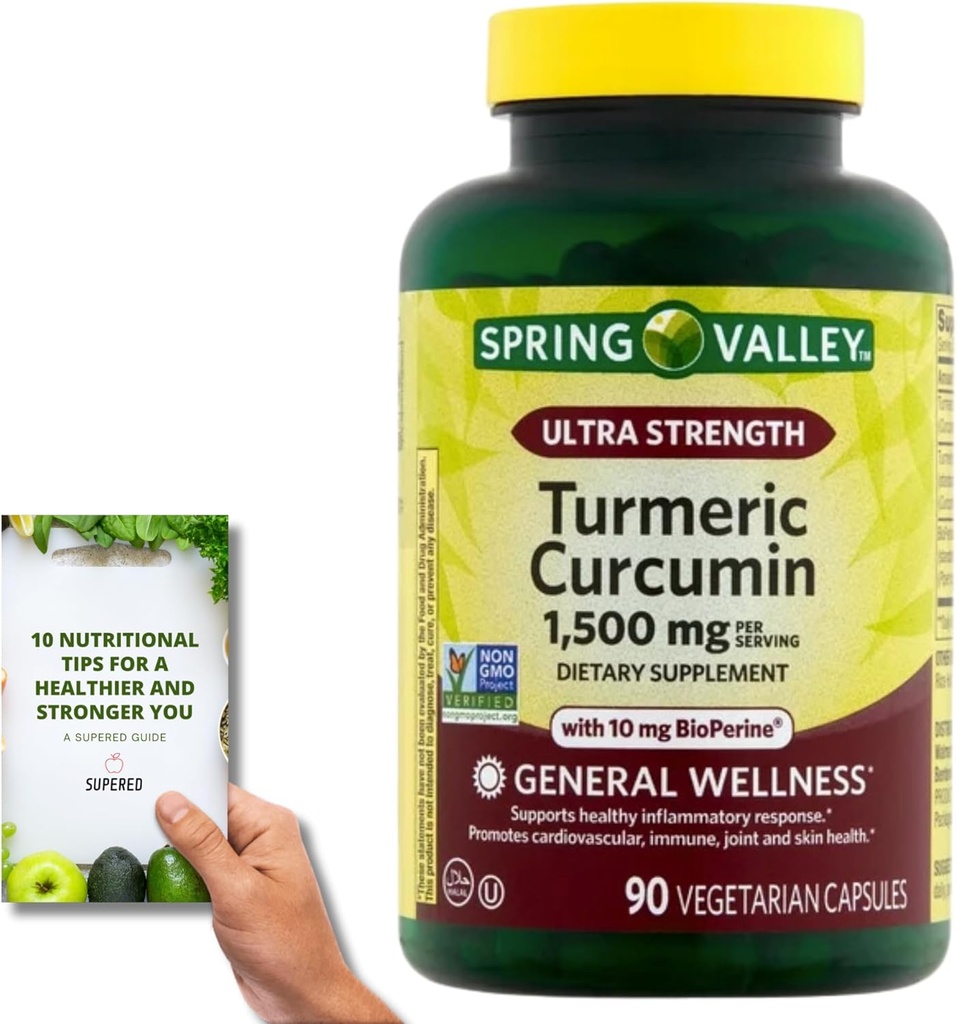 SupeRed Spring Valley Turmeric Curcumin Ultra Strength - 90 Count, 1500 mg kasviskapselit - Sisältää Nutritonal Guide " (2 Items)