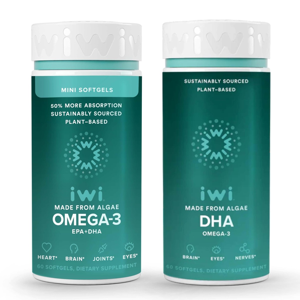 Iwi Omega-3 Minis & DHA Omega-3 Bundle, 30 Tarjoilua, Vegan Plant-Based Algae Omega 3, Krill & Fish Oil Alternative, No Fishy Aftertaste