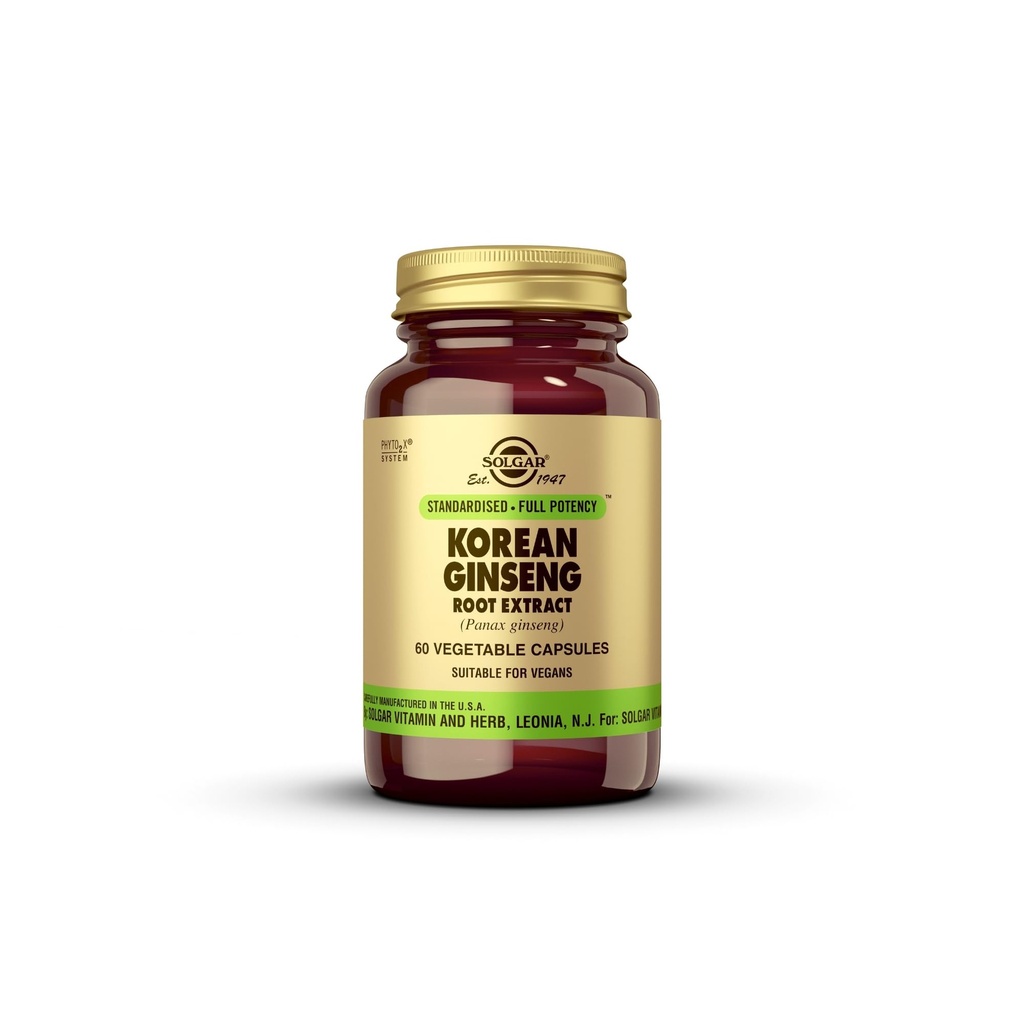 Solgar Korean Ginseng juuriuute, 60 kasvikapselit - Immuunituki - Standardoitu, Full Potency (SFP) - Ei-GMO, Vegaani, Gluteeniton, Dairy Free, Kosher - 60 tarjoilua