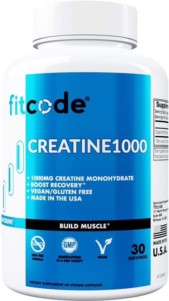 fitcode Creatine1000, 1 gram ren kreatinmonohydrat i varje portion, Veggie Capsules (30 portioner)
