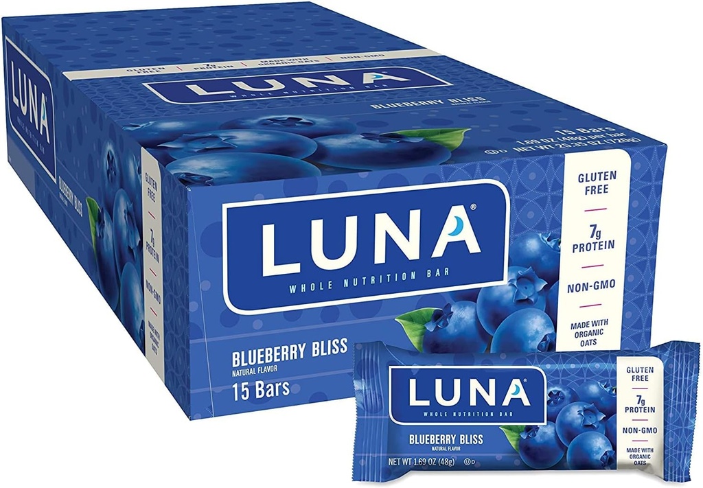 LUNA BAR - Gluten Free Snack Bars - Blueberry Bliss Flavor - 7g protein - Non-GMO - Plant-Based Wholesome Snacking - På Go Snacks (1,69 Ounce Snack Bars, 15 Count)