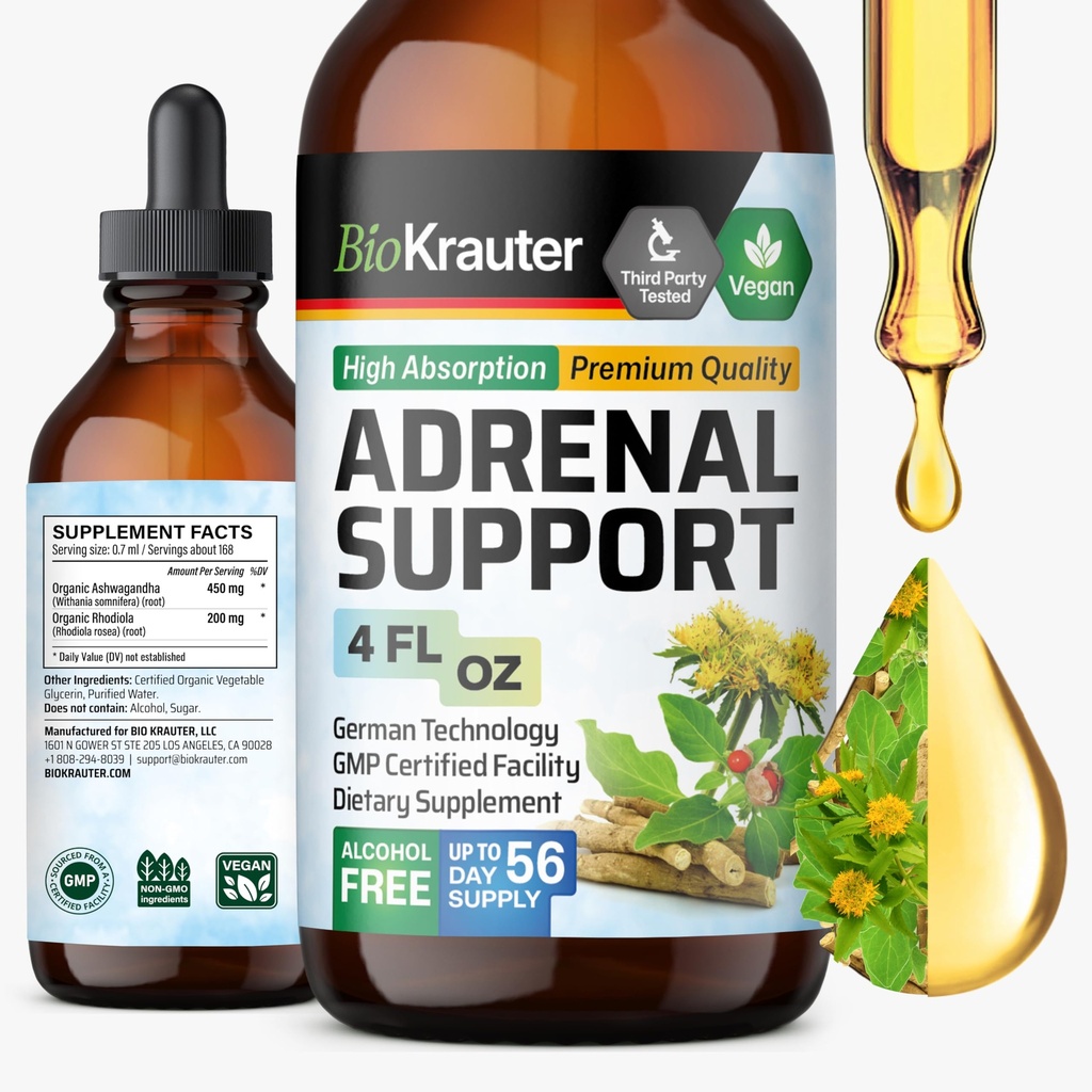 BIO KRAUTER Lisämunuaisen tuki Tincture - Rhodiola & Ashwagandha Lisäravinteet - Vegan Mood Tuki Drops 4 Fl.Oz.