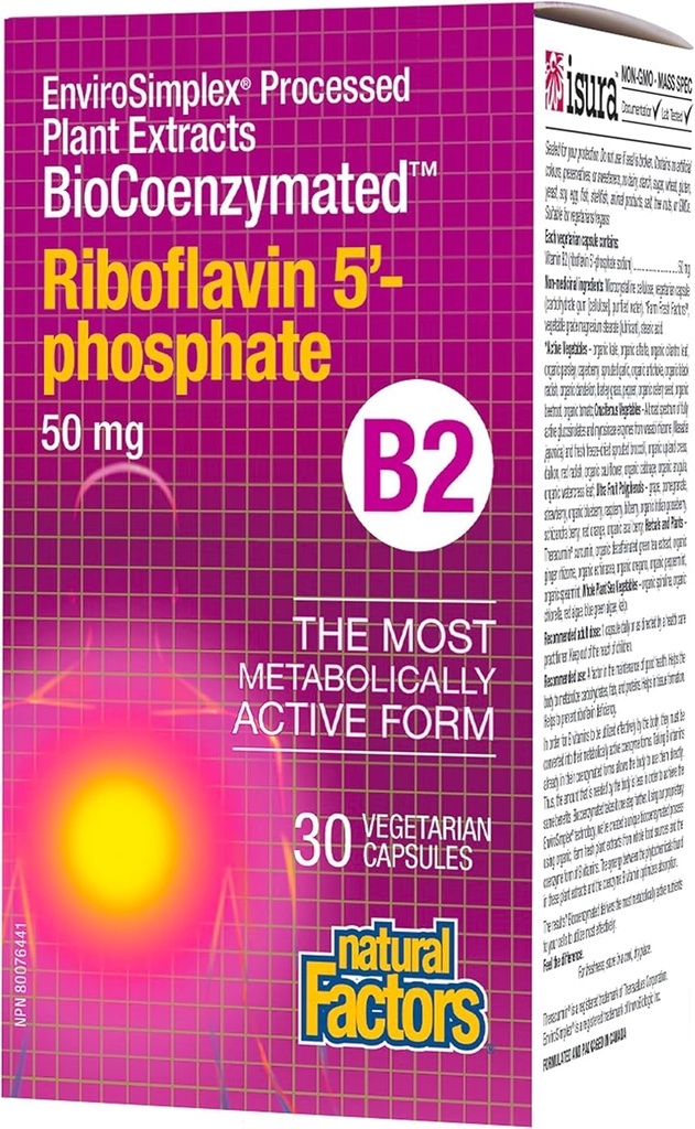 BioCoenzymatedRiboflavin5'-Fosphate 50mg Luonnolliset tekijät 30 VegCaps