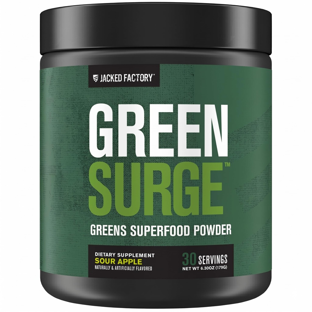 Jacked Factory Green Surge Green Superfood Powder- Keto Friendly Greens Drink w/Spirulina, Vehnä & Ohra Grass, Organic Greens - Vihreä teeuute, Probiootit & Dgestive Enzymes - Hapan omena