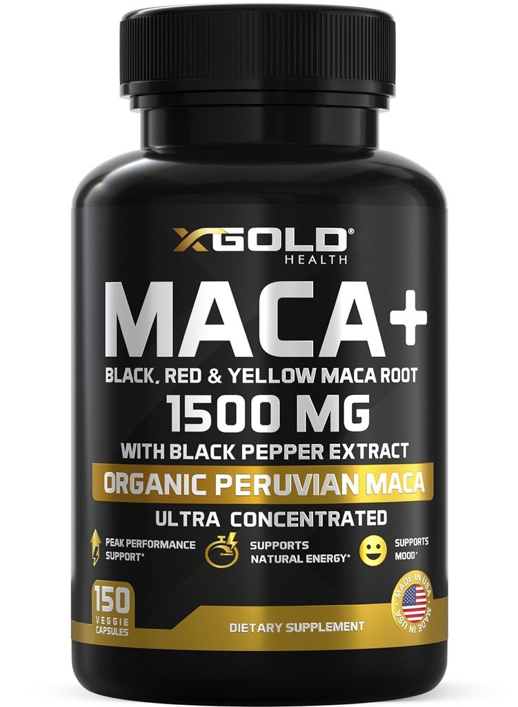 X Gold Health Organic Maca Root Powder Capsules 1500mg med svart | Red & Yellow Peruvian Maca Root Extract Gelatinized, Energy & Mood Supplement för Män & Kvinnor + Svart Pepper för bästa fördelar