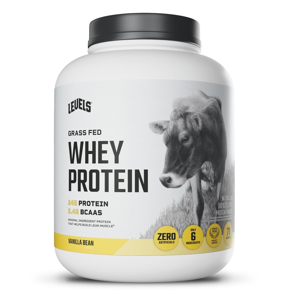 Levels Grass Fed Whey Protein Powder, No Artificials, 24G Protein, Vanilla Bean, 5LB