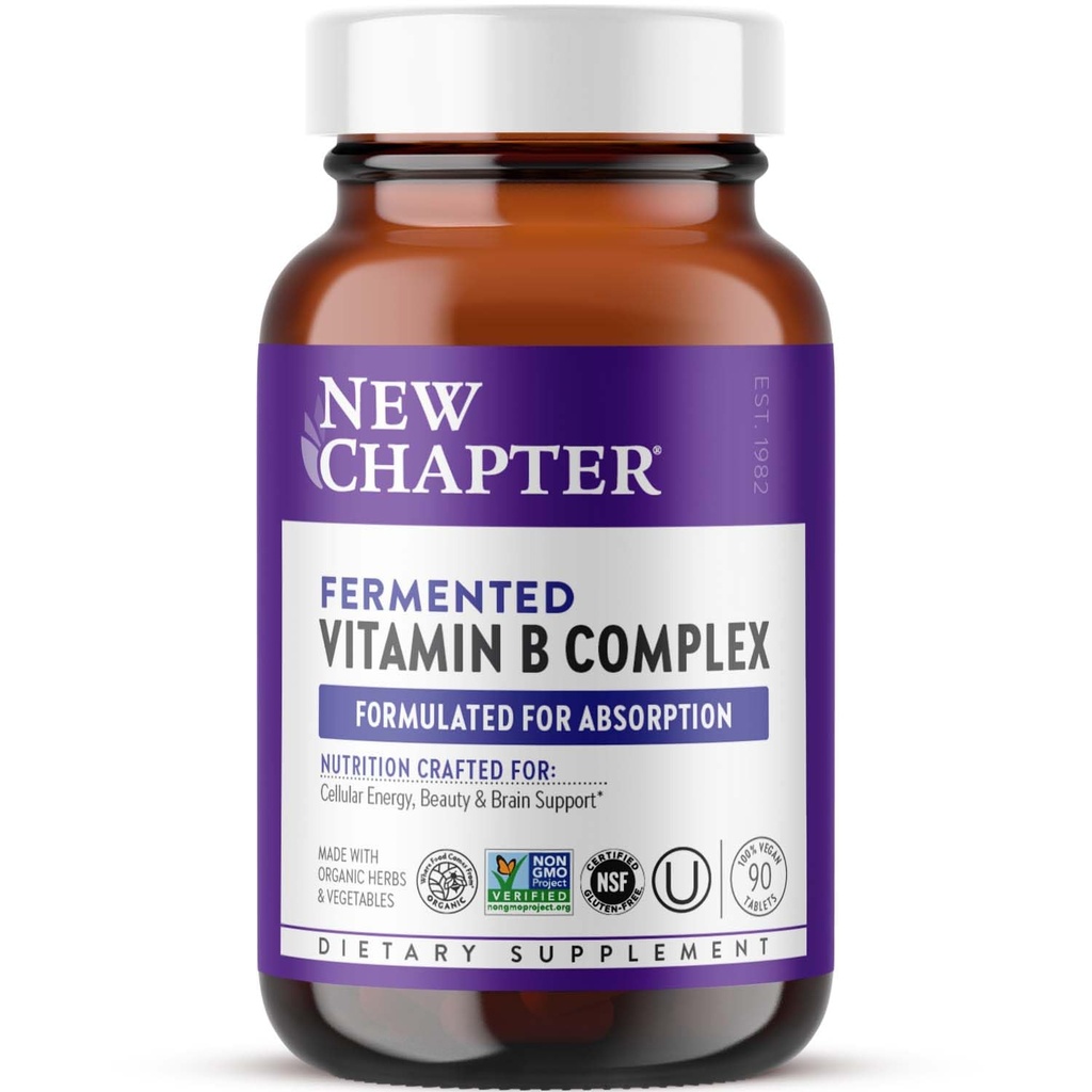 Nytt kapitel Vitamin B Complex, Fermented Vitamin B Complex, USDA Organic, ONE Daily för Cellular Energy + Brain + Skönhet, 100% Vegan, Glutenfri - 90 greve