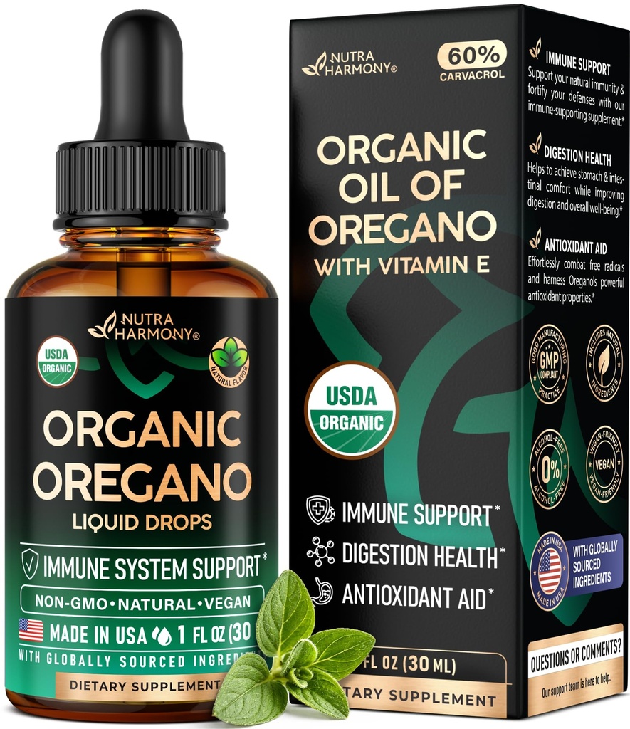 USDA Organic Oil of Oregano - Liquid Drops with Vitamiini E - Made in USA - Supplement for Immunosupport, Digestion Health & Antioxidantti - Ei-GMO, Natural, Vegan - Kuten pillereitä, Kapselit, Softgels 1 fl oz