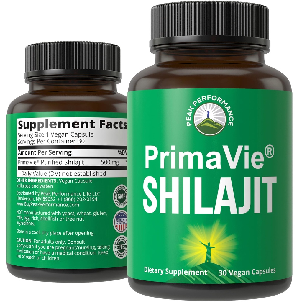 PrimaVie Puhdistettu shilajit-kapseli, valmistettu puhtaalla shilajit-jauheella. Kliinisesti testattu Natural Supplement 40+ Trace Minerals, Fulvic Acid. Tabletit tukevat Mitokondrioita + aivotoimintaa