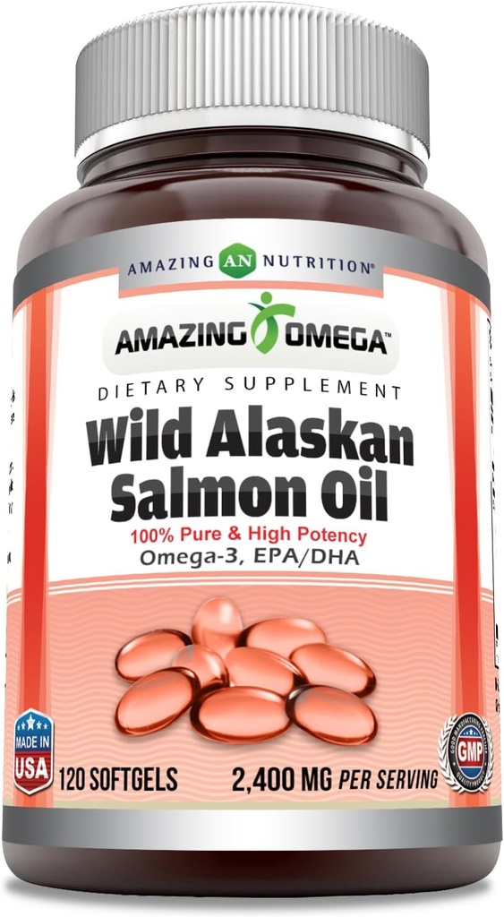 Amazing Omega Wild Alaskan Salmon Oil (Omega-3, EPA / DHA) Supplement | 2400 Mg Per Servering | 120 Softgels | Non-GMO | Gluten-Free | Made in USA