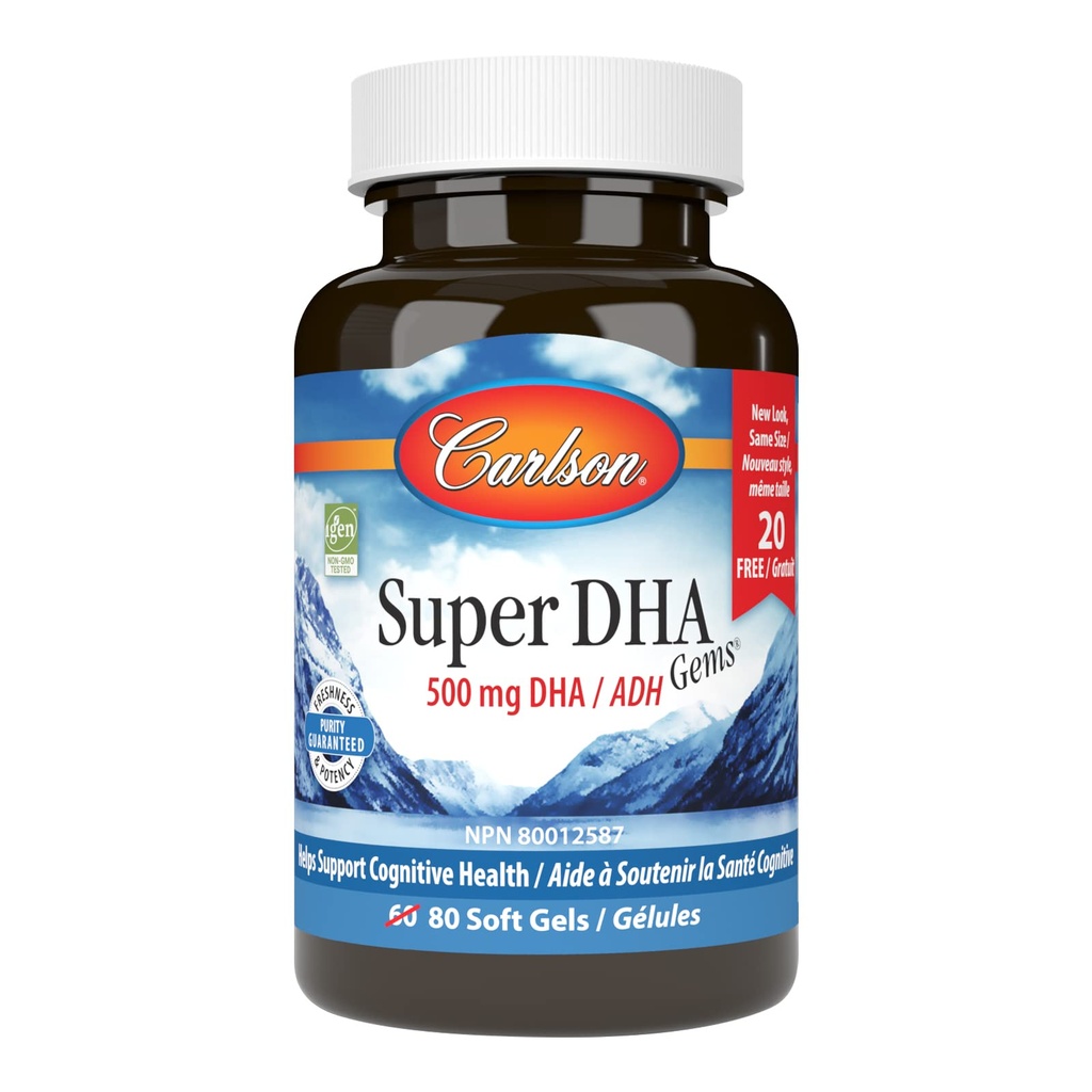 Carlson - Super DHA Gems, 500 mg DHA-lisäravinteet, 640 mg rasvahapot, norjalainen Wild-Caught Arctic Fish Oil Container, kestävästi lähdetty Nordic Fish Oil Kapselit, 60+20 Softgels