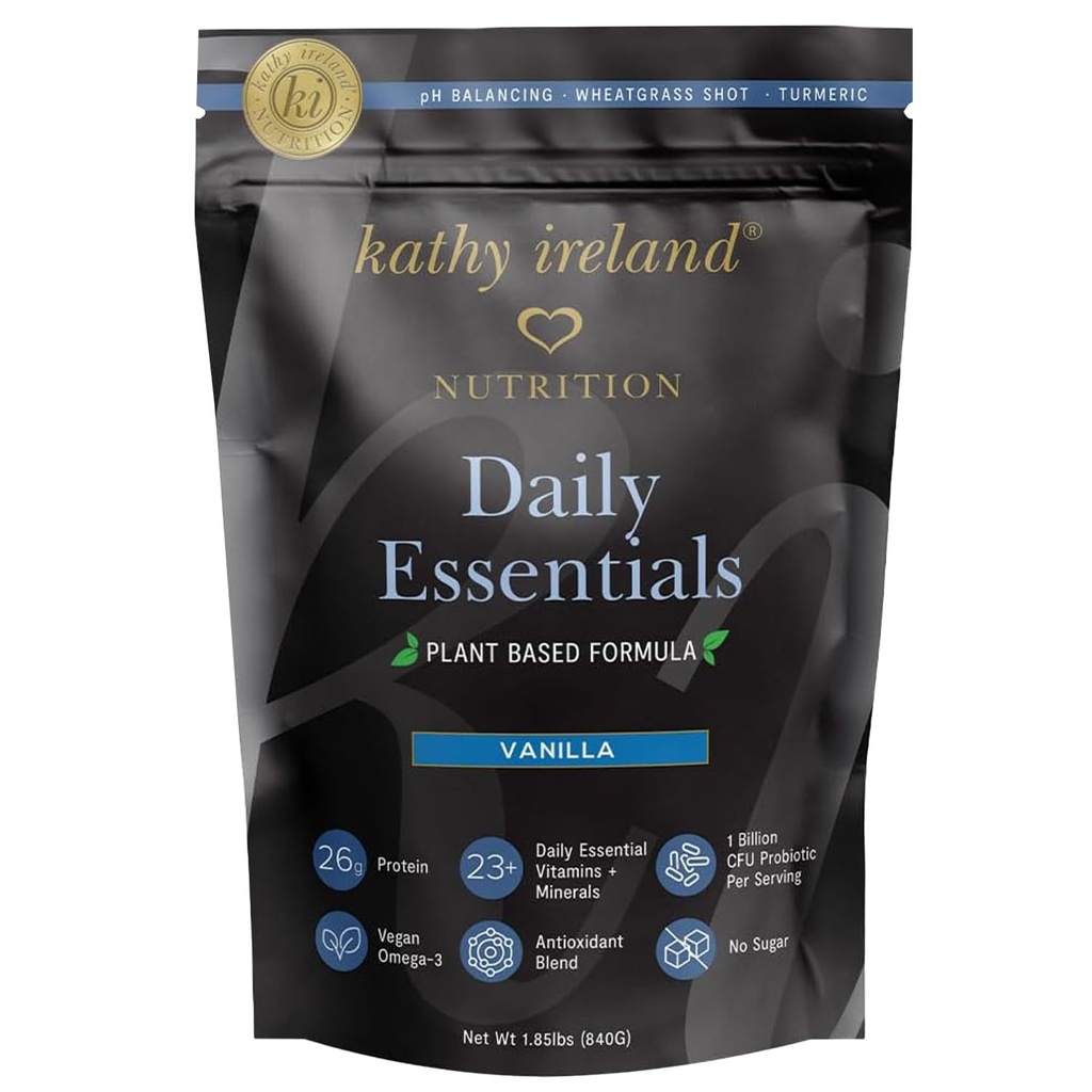 Kathy Ireland Plant-Based Vanilla Protein Powder, 26g Protein, Low-Carb Meal Replacement, Pea, Mung & Fava Bean Blend med probiotika, vitaminer och mineraler, 1,85 lbs