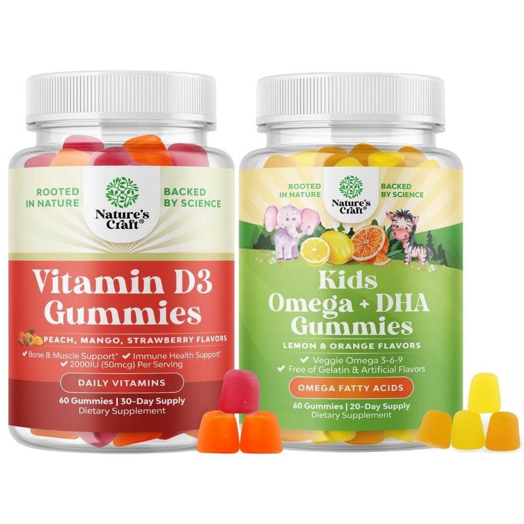 Bundle D3-vitamiinia Gummies Daily Wellness 2000IU per tarjoilu Luulihas-immuuni tuki ja lapset DHA Omega 3 Gummies - rasvahapot Omega 3 6 9 aivoihin, Immuuni vahvuus ja visio