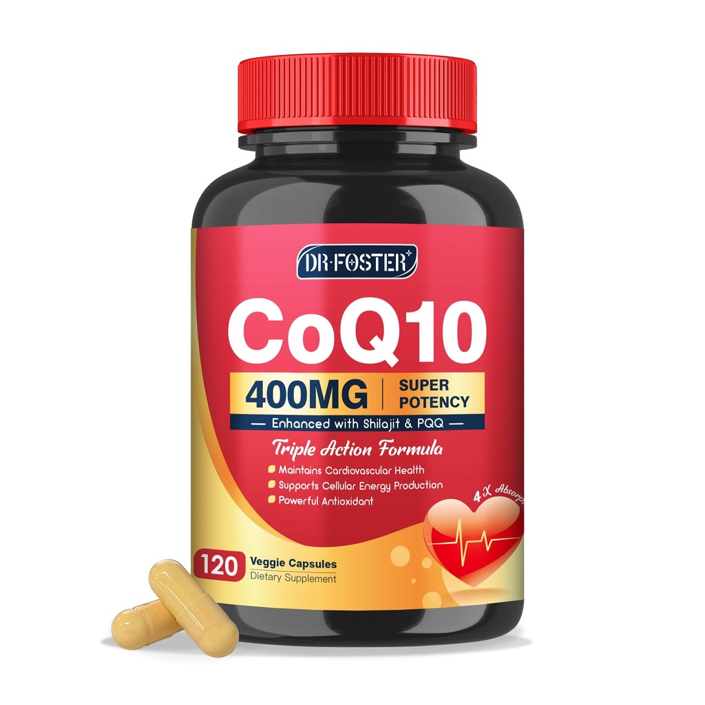 DRFOSTER CoQ10 400 mg-High Imeytyminen Coenzyme Q10 lisäravinteet PQQ, Shilajit & E-vitamiini, Tehokas antioksidantti sydämen ja aivojen terveyttä ja energian tuotantoa 120 kasviskapselit