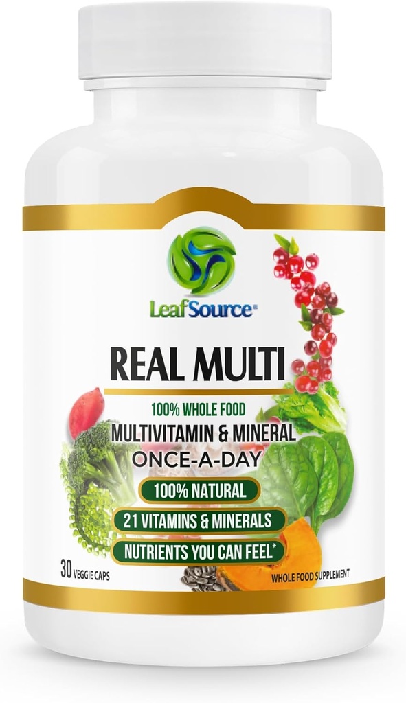 LEHDISTÖTIEDOT Real Multi-, Multivitamiini koko elintarvikkeiden täydennysosa - 21 vitamiinit ja mineraalit valmistettu todellisesta ruuasta. Vegaani, kasvispohjaiset ravintoaineet valmistettu todellisista hedelmistä Kasvikset & Koko elintarvikkeet (30 vcp)