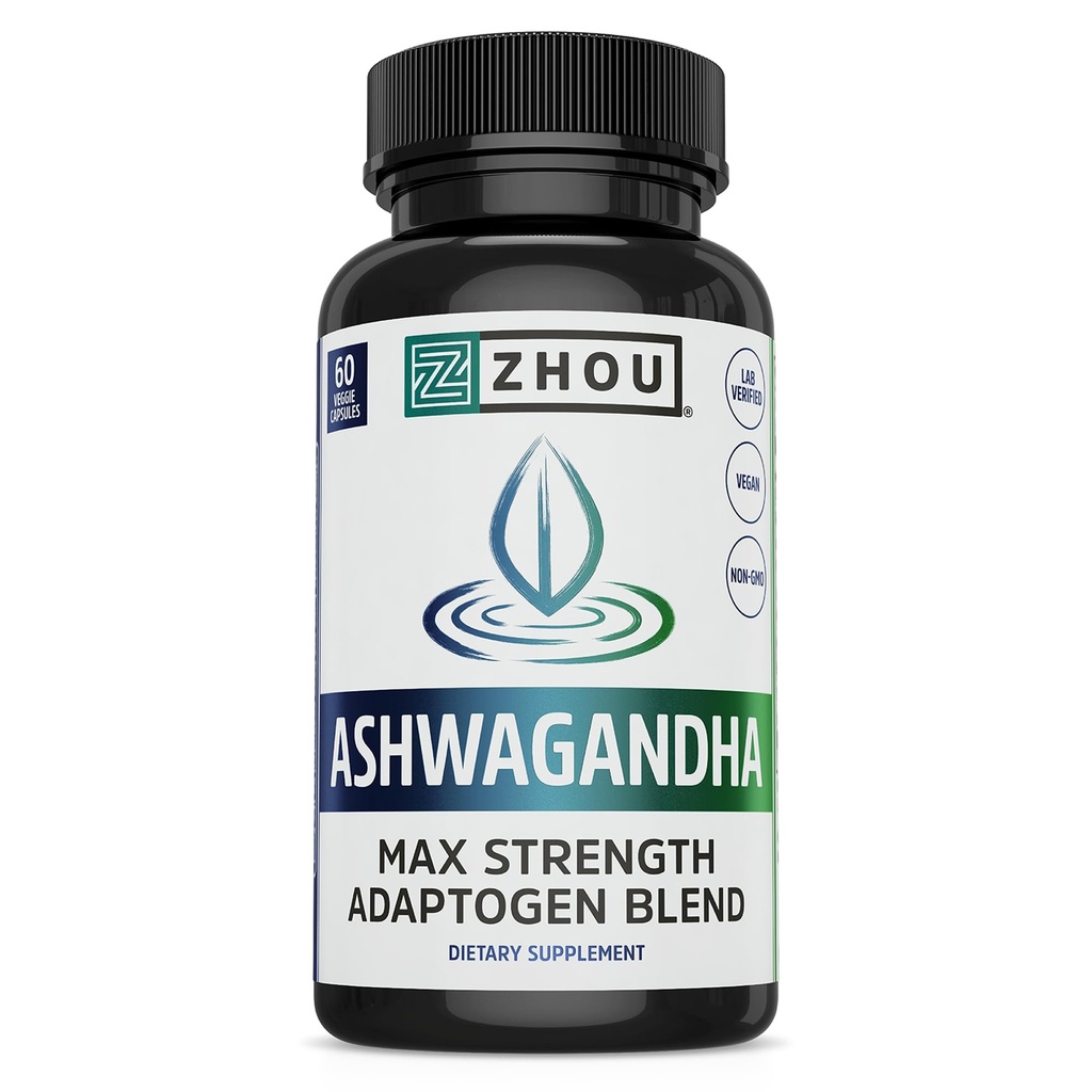 Zhou Ashwagandha - Ashwagandha ja Rhodiola naisille ja miehille, Adaptogen Ashwaganda Extract 1200 mg, Black Pepper, Adaptogenic Support Supplement for Railm, Mieliala, uni - 60 Vegaanikapselit