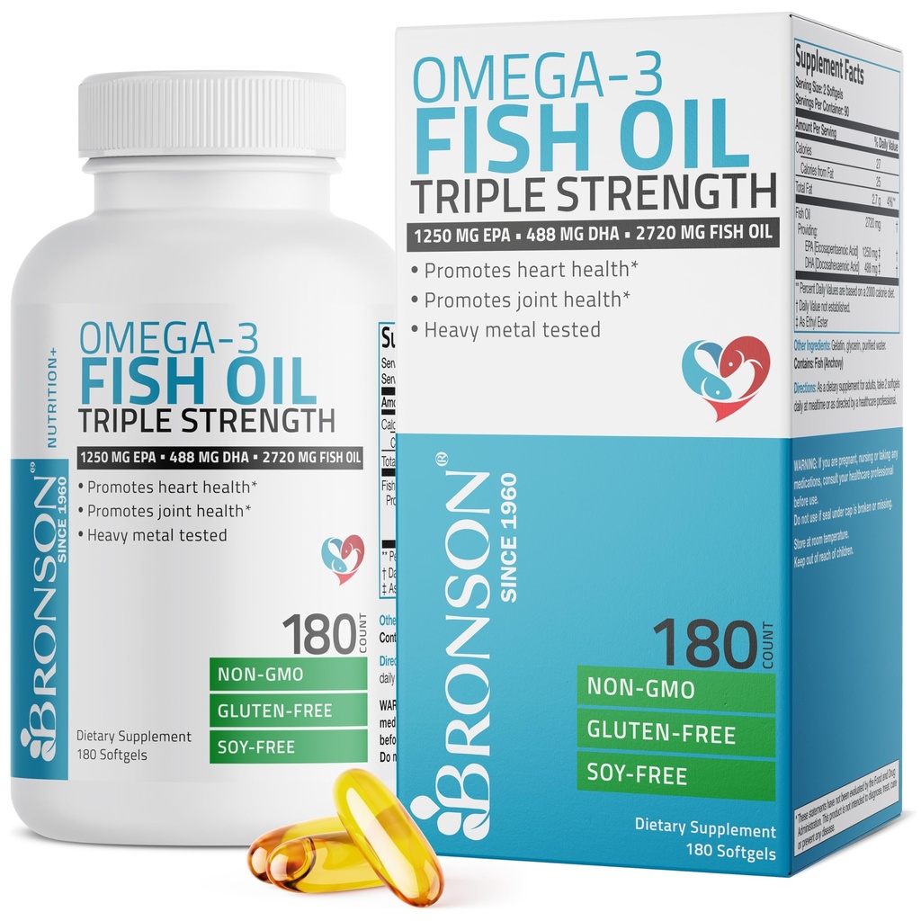 Bronson Omega 3 Fish Oil Triple Vahvuus 2720 mg, korkea EPA 1250 mg DHA 488 mg, ei-GMO raskas metalli Testattu, 180 Softgels