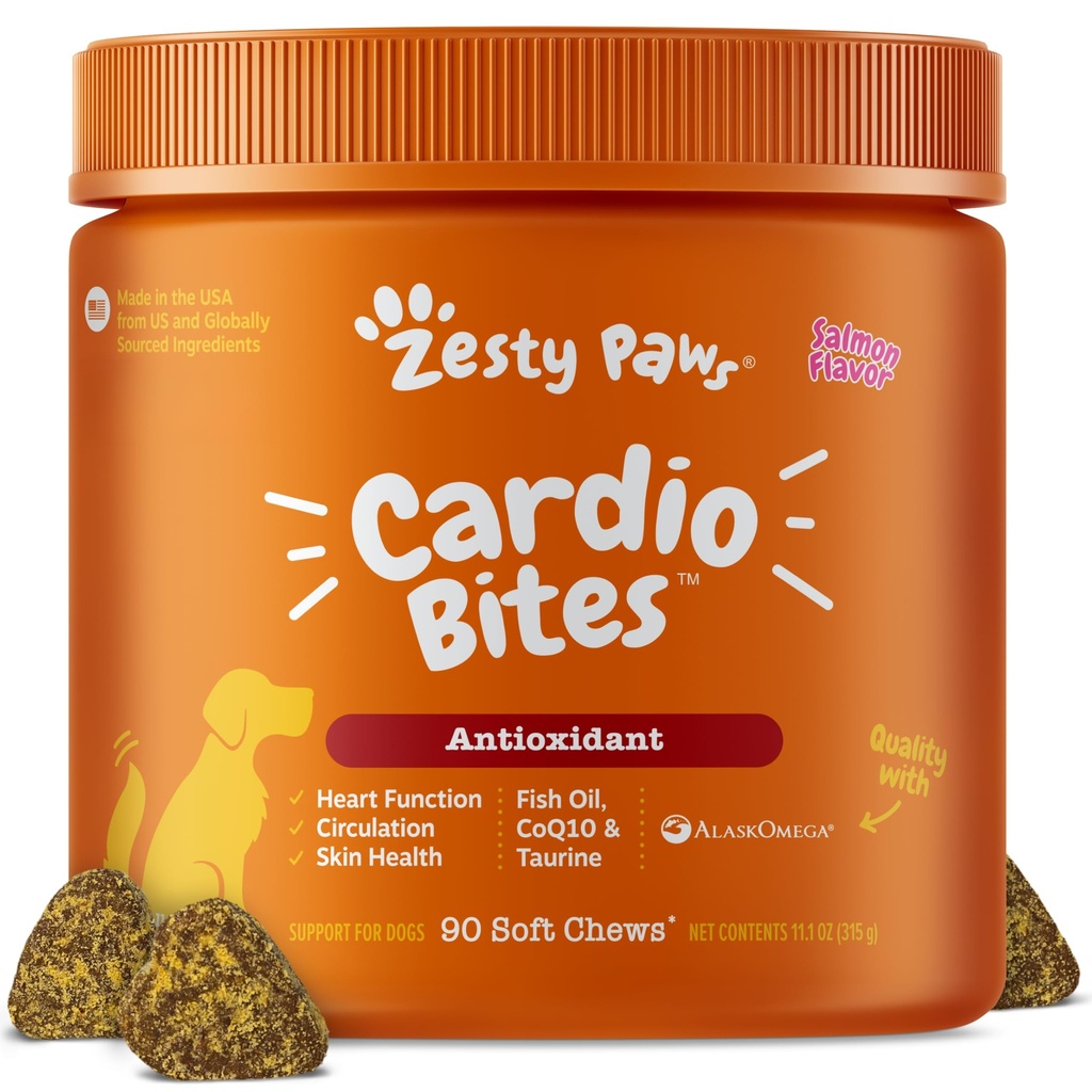 Zesty Tassut Kardiovaskulaarinen tuki koirille - Tauriini koirille - CoQ10, L Carnitine & Sea Buckthorn - Senior Heart Health - AlaskOmega Fish Oil Omega 3 - Senior - Salmon - 90 Count