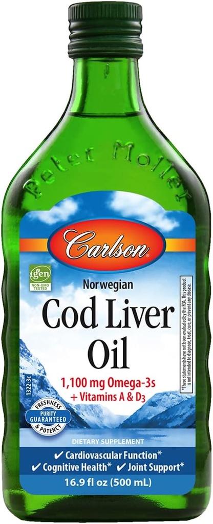 Carlson - Cod Liver Oil, 1100 mg Omega-3s + A & D3, Wild-Caught Norwegian Arctic Cod-Liver Oil, Sustainably Sourced Nordic Fish Oil Liquid, Unflavored, 500 ml (16,9 Fl Oz)