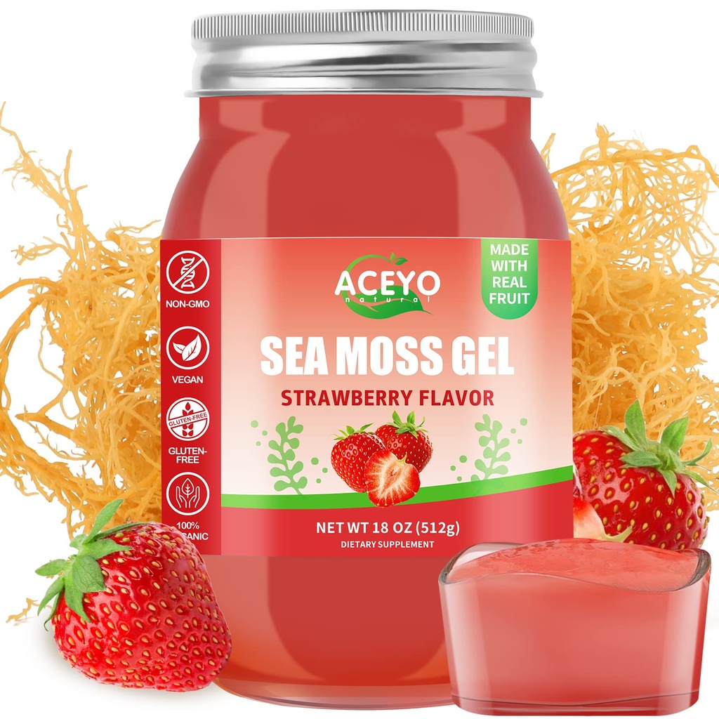 ACEYO (18 OZ) Irish Sea Moss Gel Raw Vegan Mansikka maku 102 Vitamiinit ja mineraalit Wild Harvennettu ei- GMO: n immuunipuolustus Booster Kilpirauhasen Ruoansulatustuki