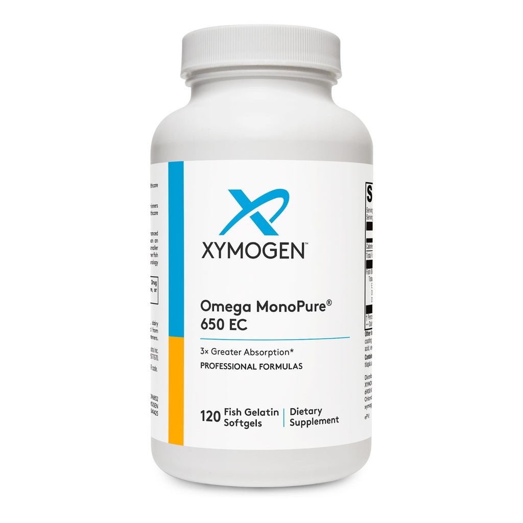 XYMOGEN Omega MonoPure 650 EC - Omega-3 Fiskoljetillskott för kvinnor och män - med EPA, DHA & DPA - Mindre Softgels med 3X Greater Absorption - Stöd ett hälsosamt hjärta & kognition (120 Softgels)