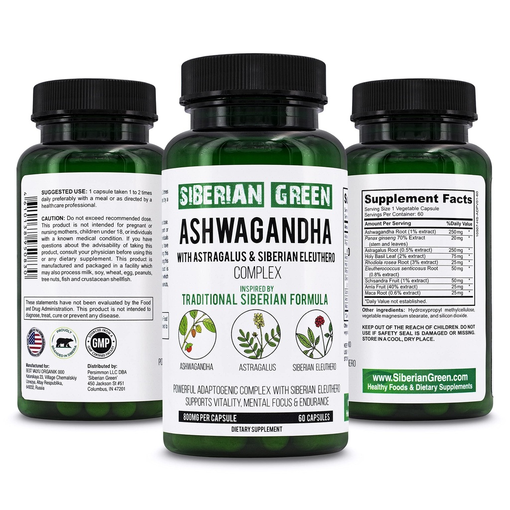 Siperian vihreä luomu Ashwagandha juuri Astragalus & Siperian Eleuthero Ginseng Complex 60 kapselia Tehokas kasviperäisten tuki