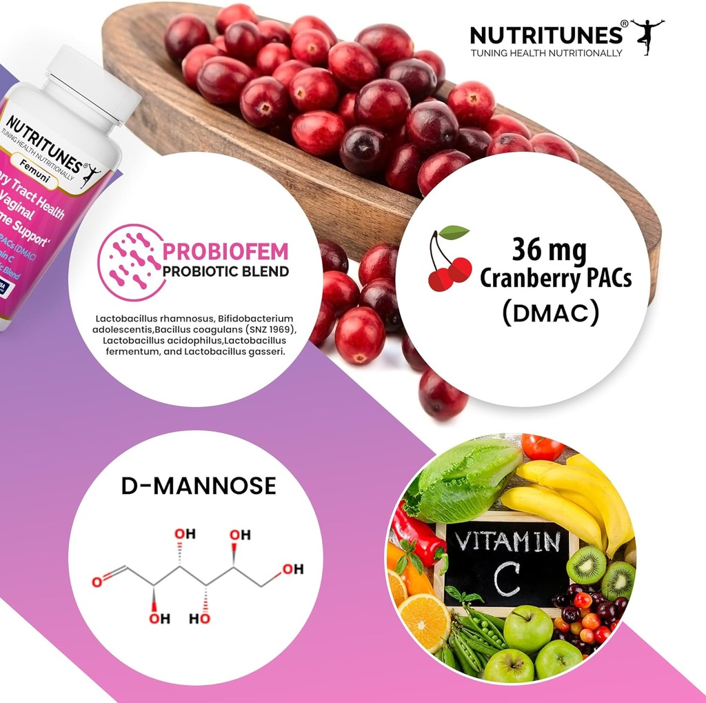 Karpalo PAC D Mannoosi lisäravinteet naisten, C-vitamiini ja naisten emätin Probiootti mukaan lukien Lactobacillus ja Bifidobacterium kantoja virtsan Tract Health - 60 Femuni UTH kapselit