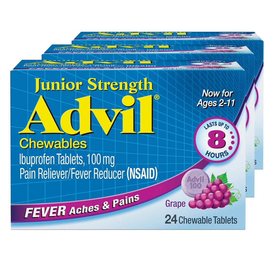 Advil Junior Strength Purettava Ibuprofeeni Pain Reliever ja kuumeen reduktori, Lasten Ibuprofeeni kivunlievitykseen, Rypäle - 24 tablettia (paketti 3)