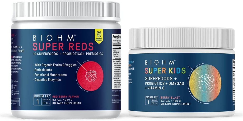 BIOHM Super Reds Superfood Powder, Tart Cherry & Super Kids Superfood Powder + Probiootit, Beneficial Antioxidants & Omega-3 - Gluteeniton, GMO vapaa, Dairy Free, Ei keinotekoisia ainesosia