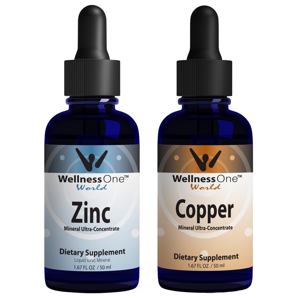 WellnessOne Ionic Liquid Sinkki & Liquid Kupari - Sinkki-Copper Bundle tukemaan Immuunijärjestelmä & Joint, Hermo & Bone Health - 1,67 fl oz Sinkki & kupari nestetippa